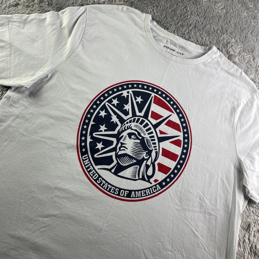FourCast Shirt Mens 2XL White Blue Red Lady Liberty USA America 4th July Summer